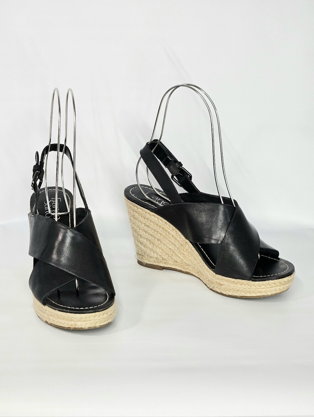 Franco Sarto Size 7.5 Espidrille Sandals Black Strap Leather Sling Back Buckle